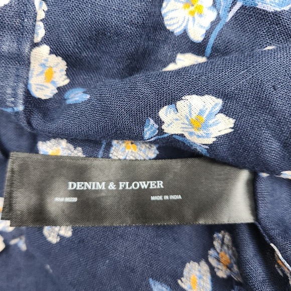 Denim & Flower Linen Shirt Sz L Short Sleeve Blue Floral Button Down Vacation - Picture 5 of 7